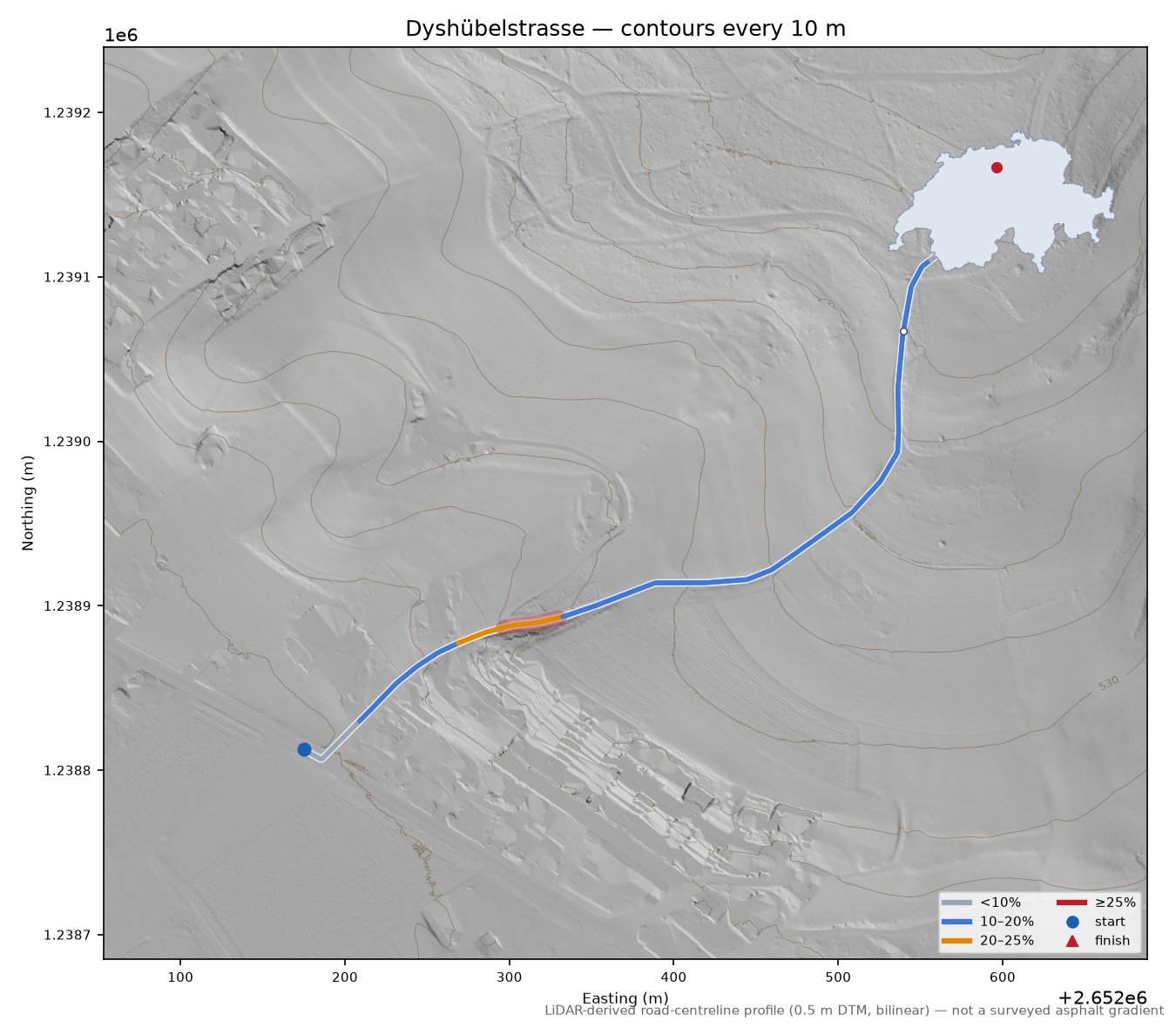 Dyshübelstrasse LiDAR hillshade map with contours