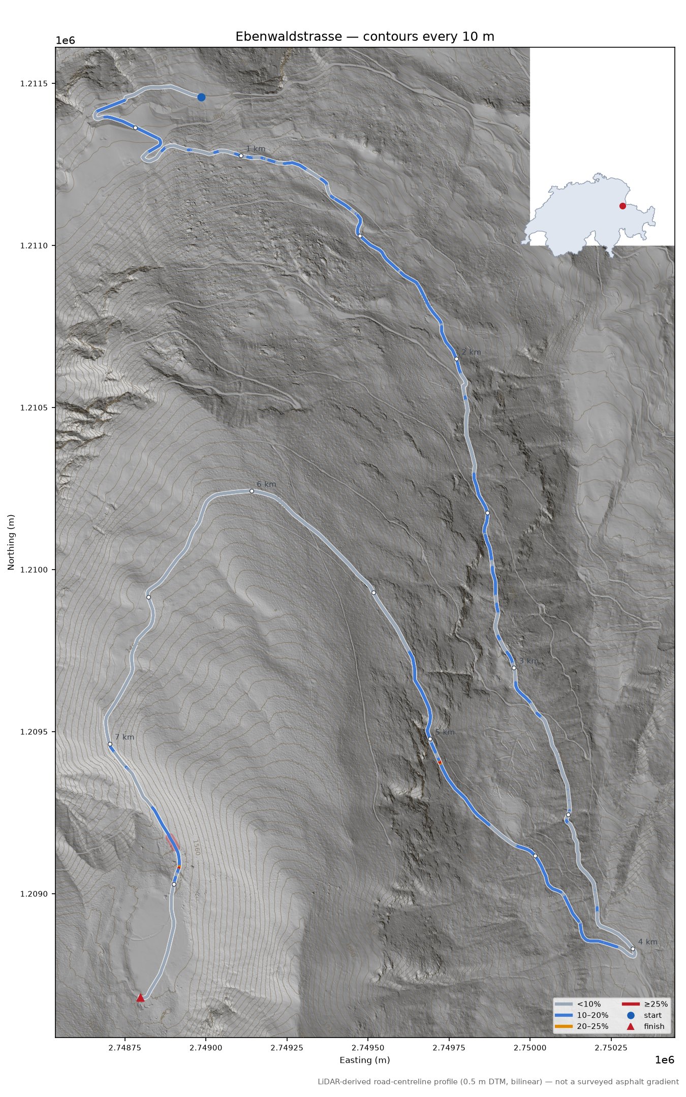 Ebenwaldstrasse LiDAR hillshade map with contours