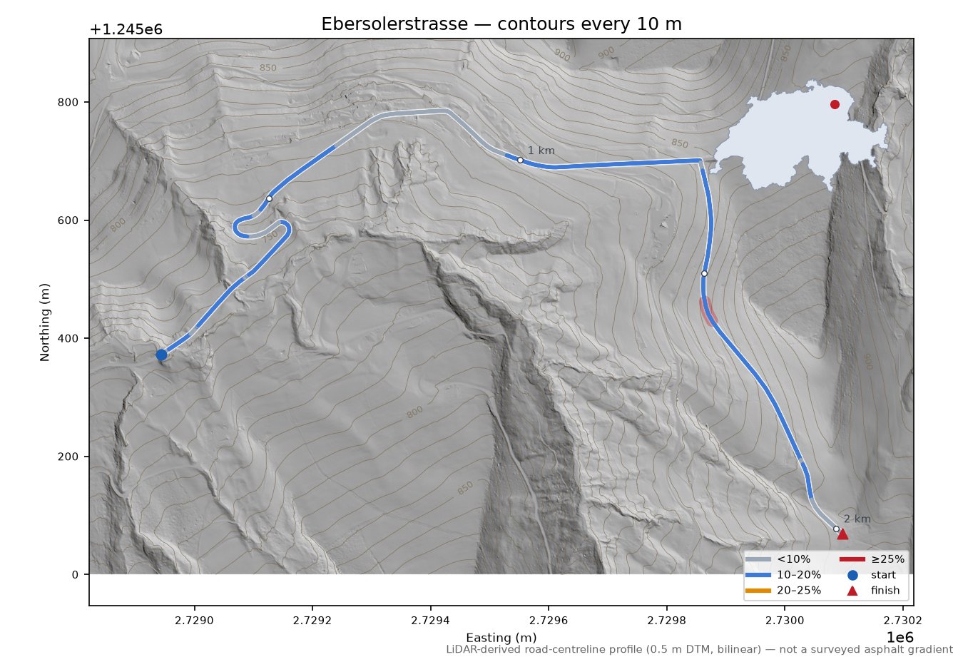 Ebersolerstrasse LiDAR hillshade map with contours