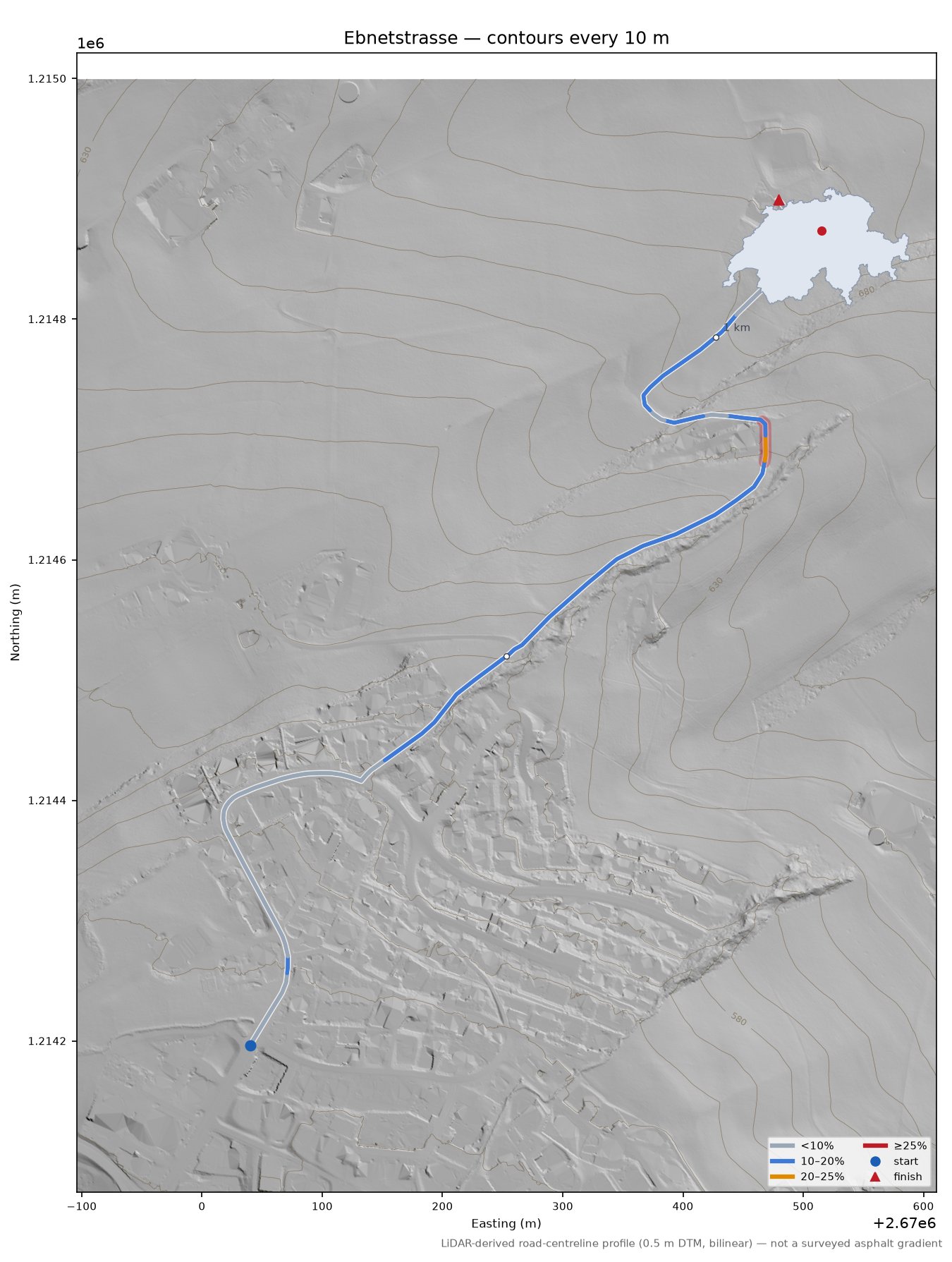 Ebnetstrasse LiDAR hillshade map with contours