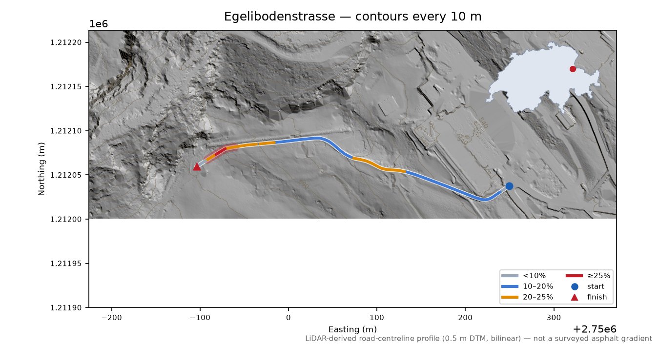 Egelibodenstrasse LiDAR hillshade map with contours