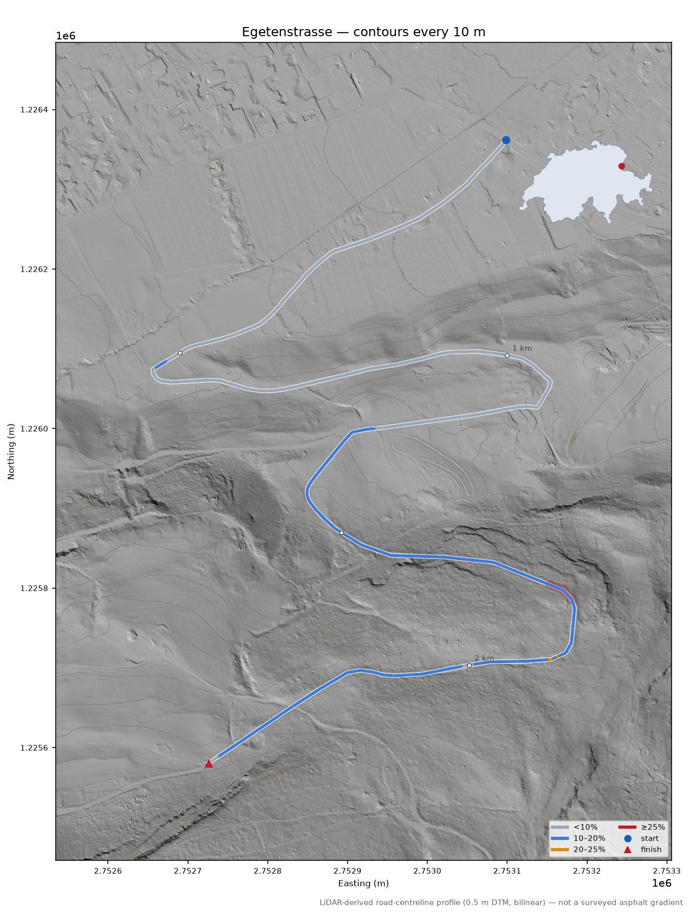 Egetenstrasse LiDAR hillshade map with contours