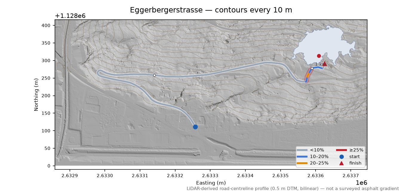 Eggerbergerstrasse LiDAR hillshade map with contours