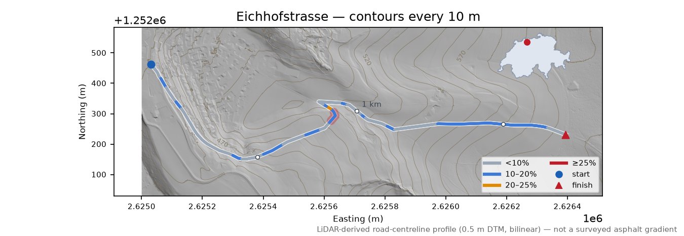 Eichhofstrasse LiDAR hillshade map with contours