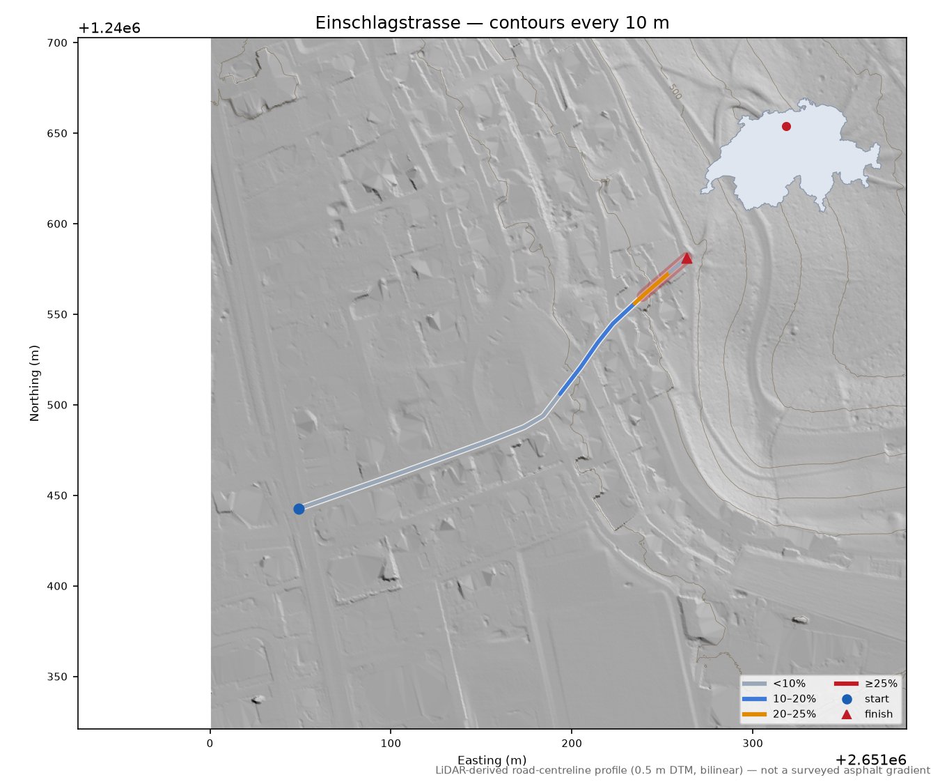 Einschlagstrasse LiDAR hillshade map with contours