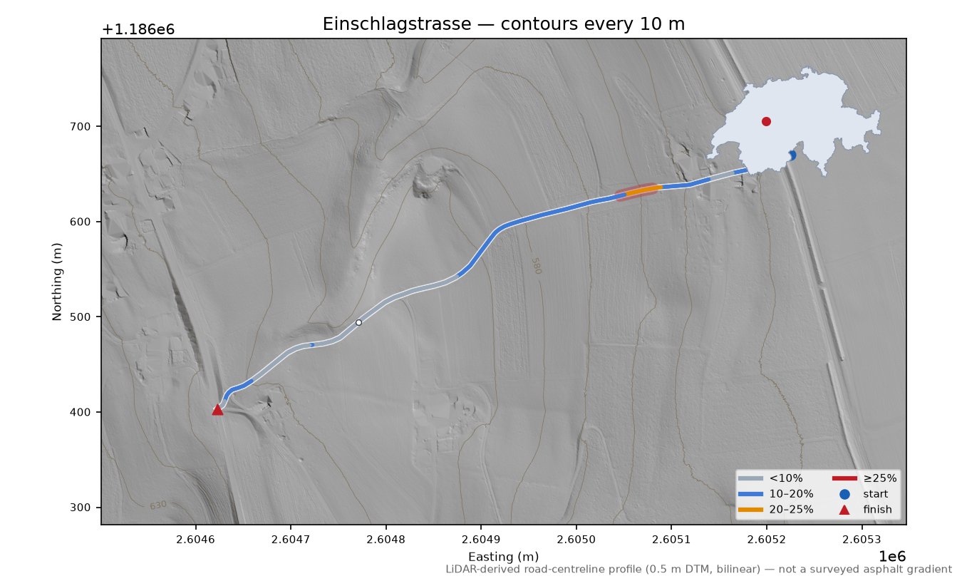 Einschlagstrasse LiDAR hillshade map with contours