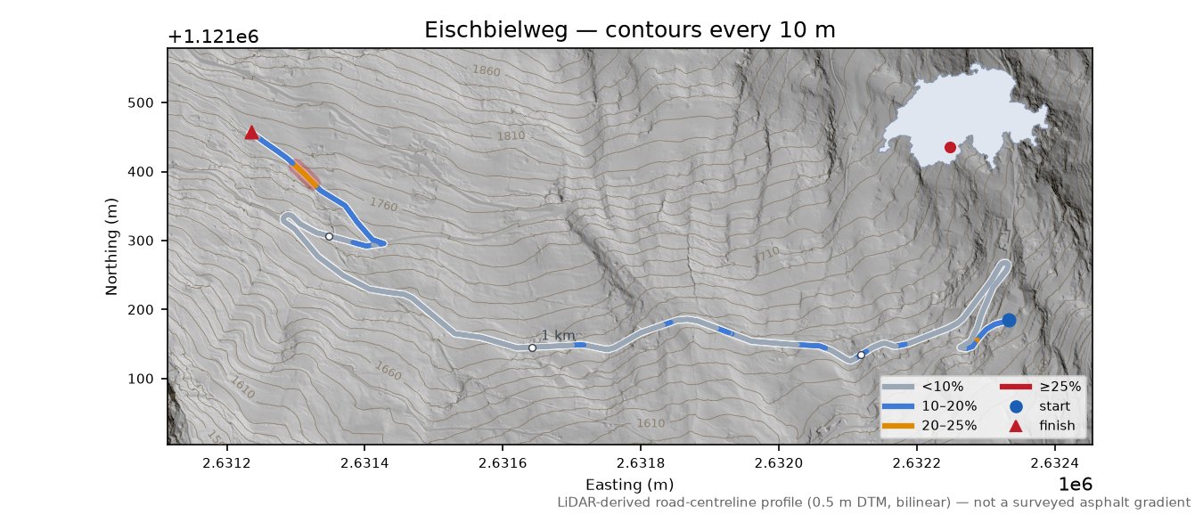 Eischbielweg LiDAR hillshade map with contours