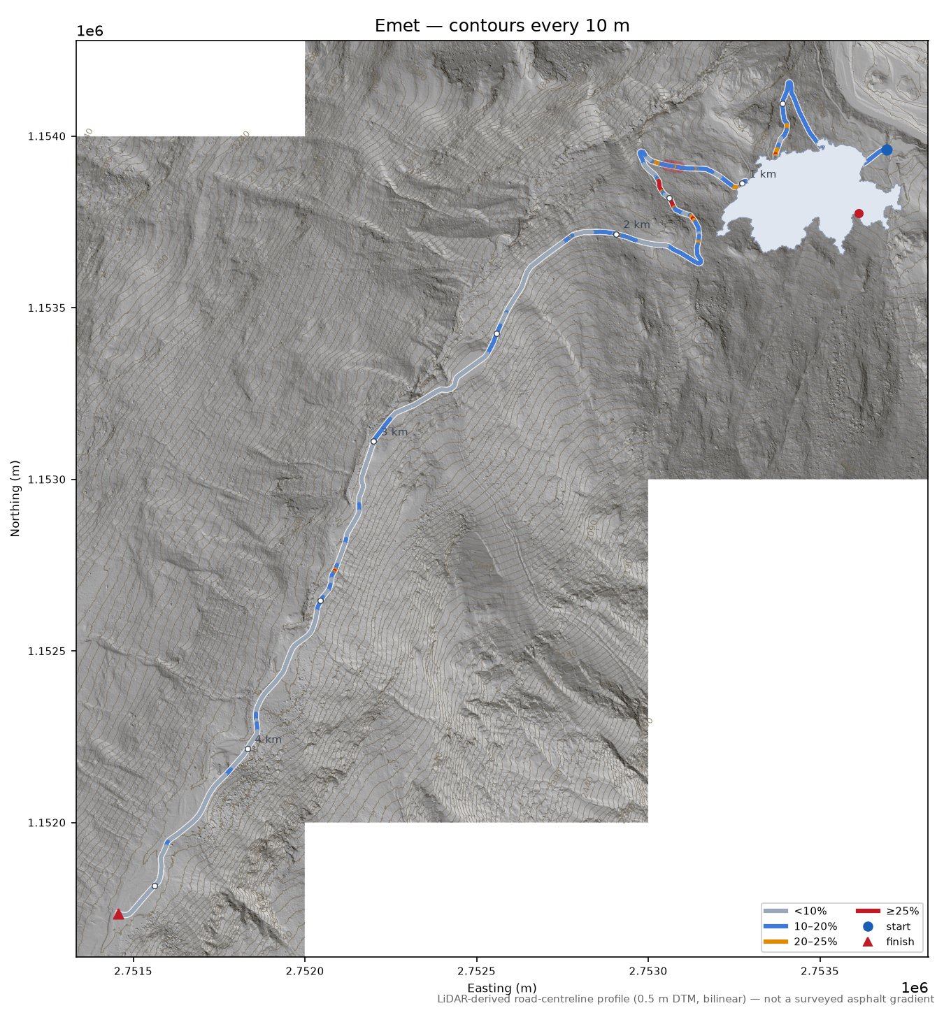 Emet LiDAR hillshade map with contours