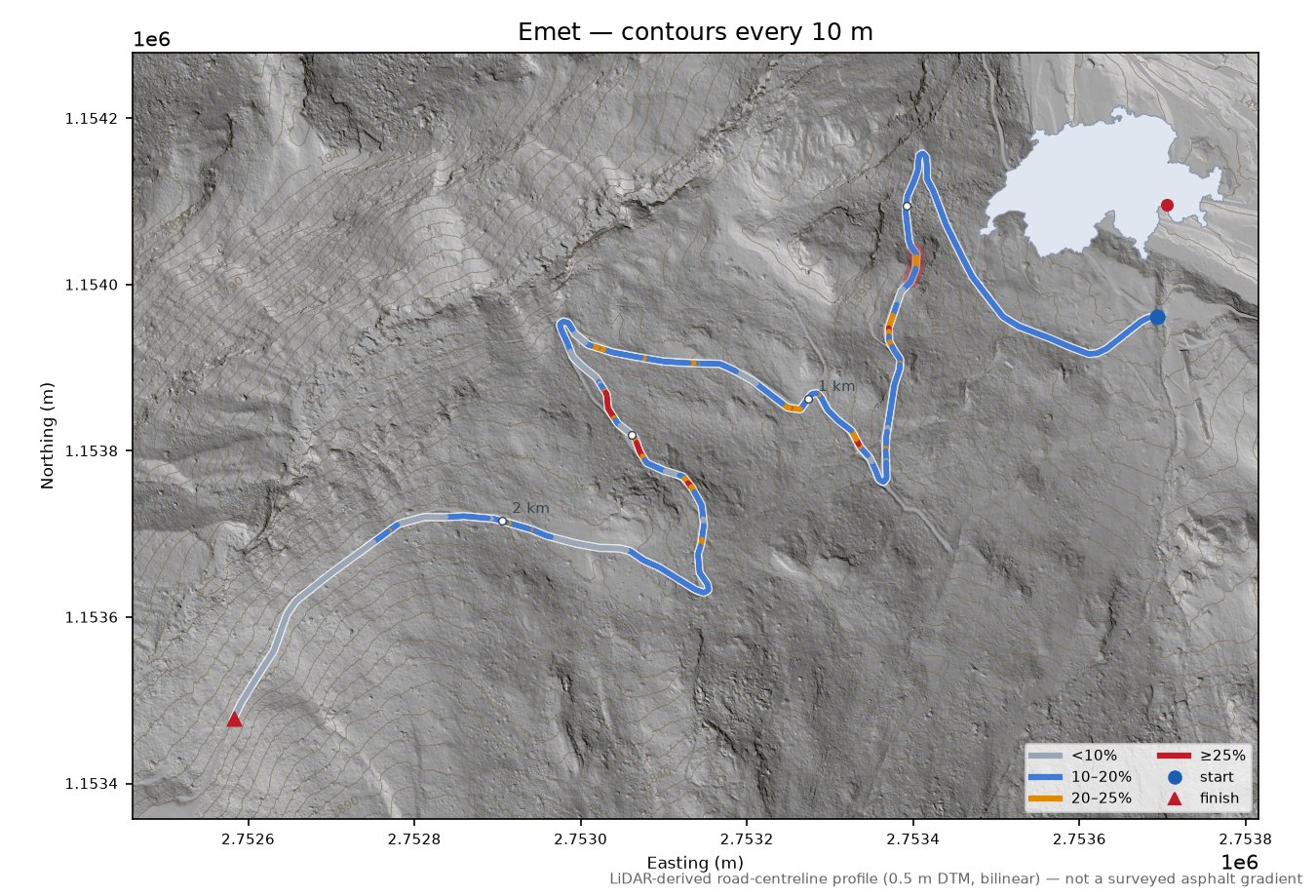 Emet LiDAR hillshade map with contours