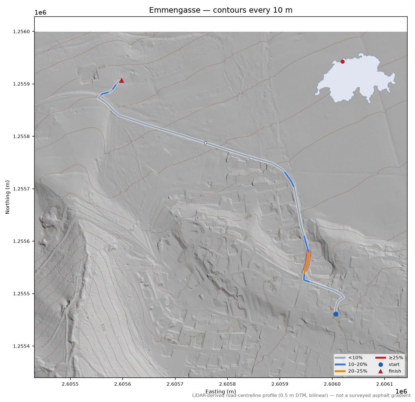 Emmengasse LiDAR hillshade map with contours