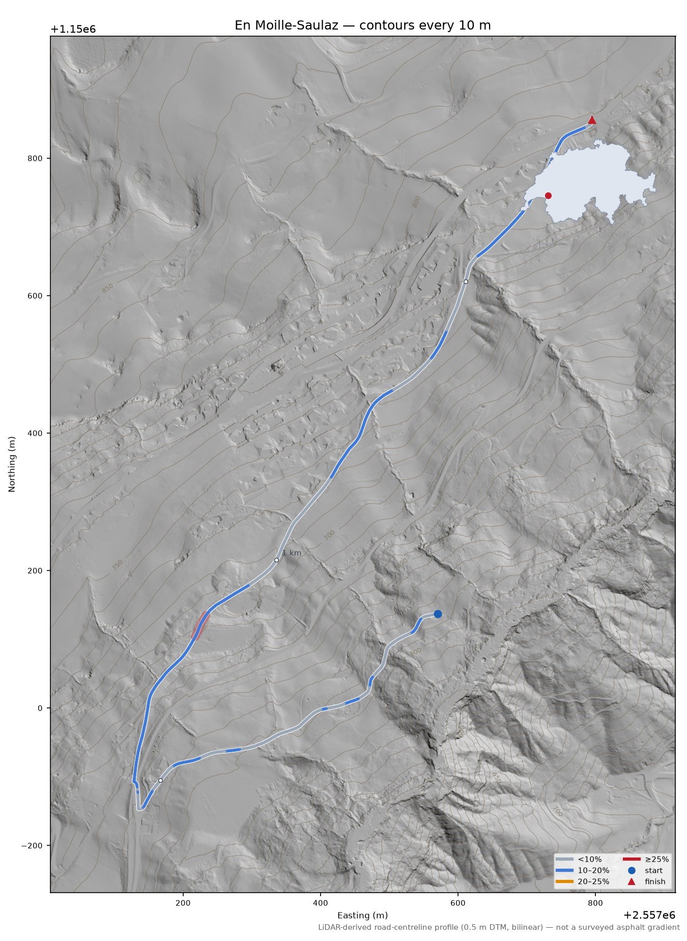 En Moille-Saulaz LiDAR hillshade map with contours