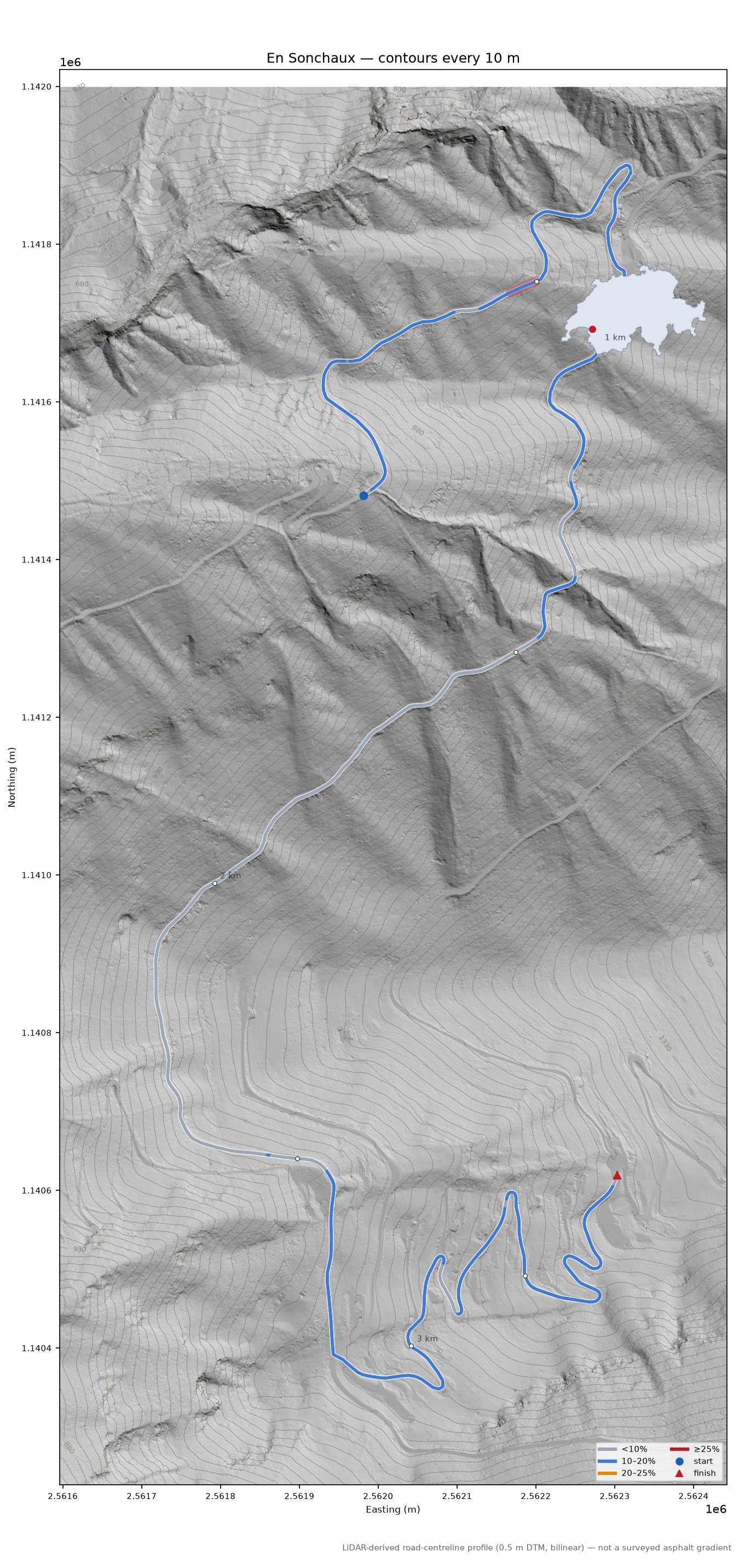 En Sonchaux LiDAR hillshade map with contours