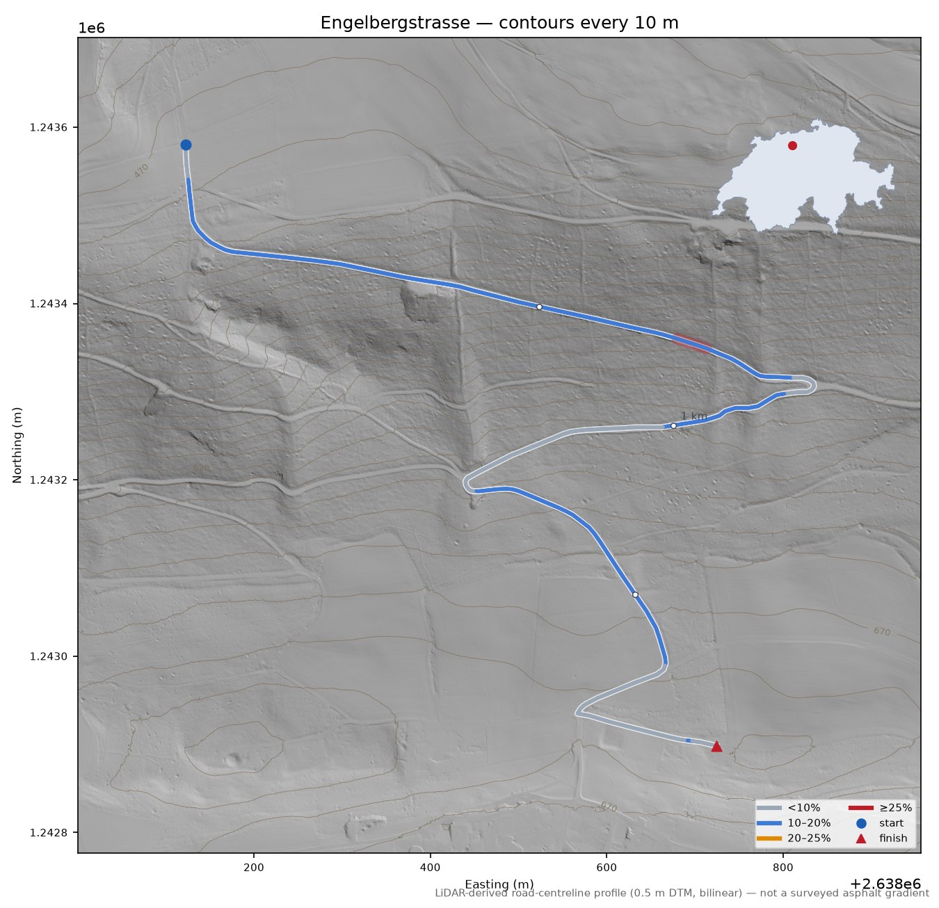 Engelbergstrasse LiDAR hillshade map with contours