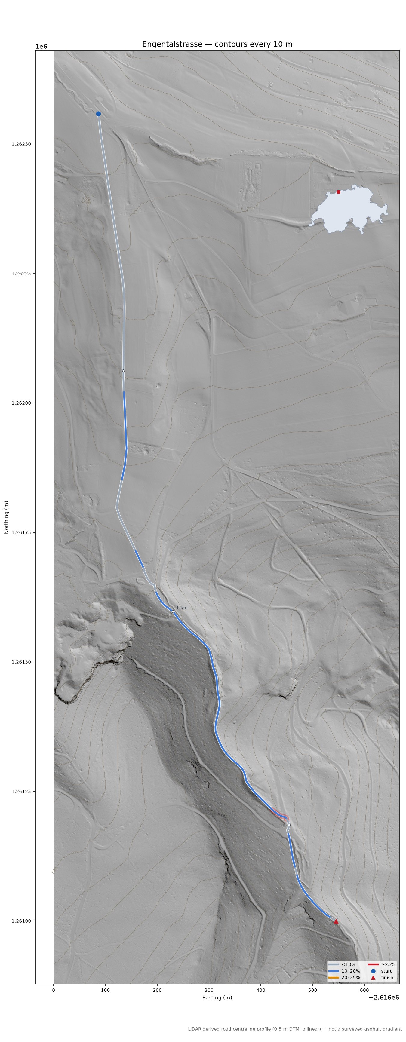 Engentalstrasse LiDAR hillshade map with contours