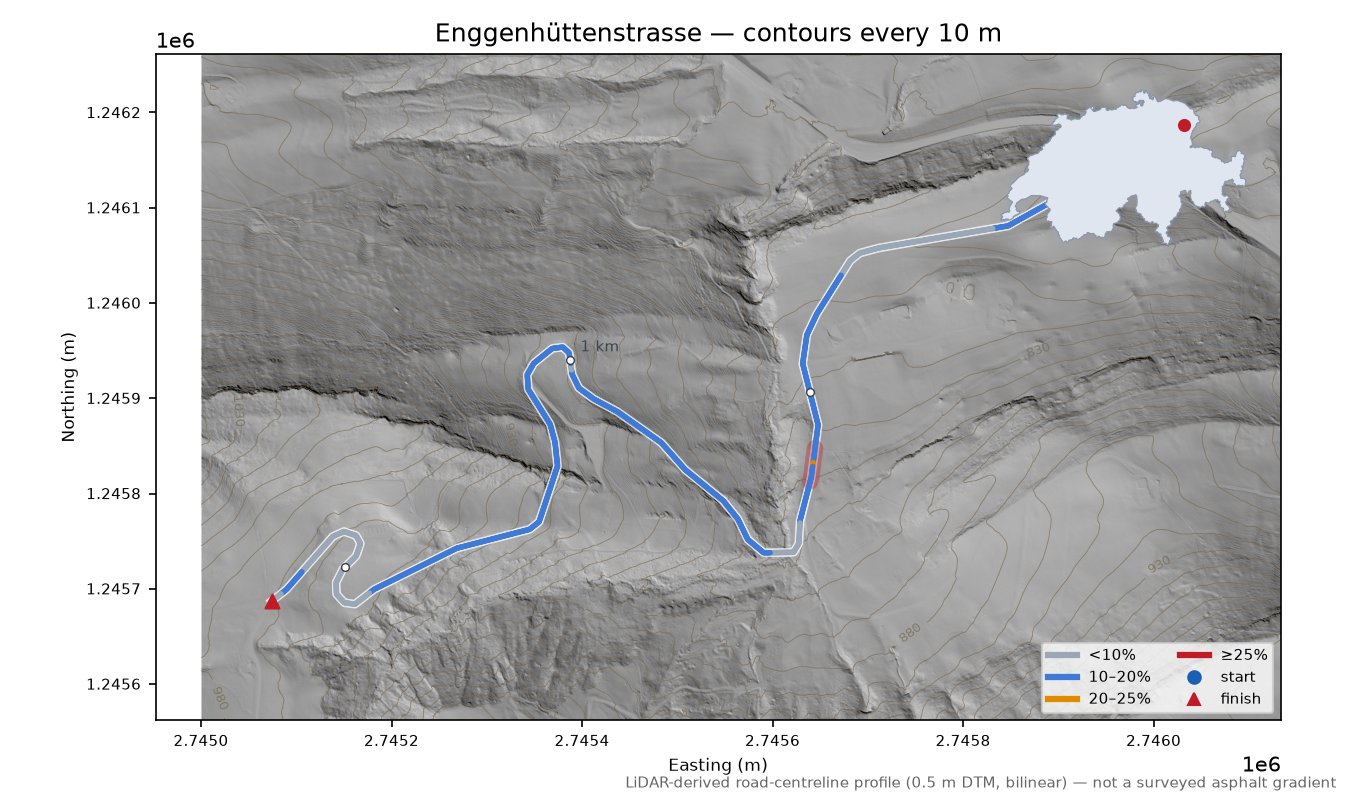 Enggenhüttenstrasse LiDAR hillshade map with contours