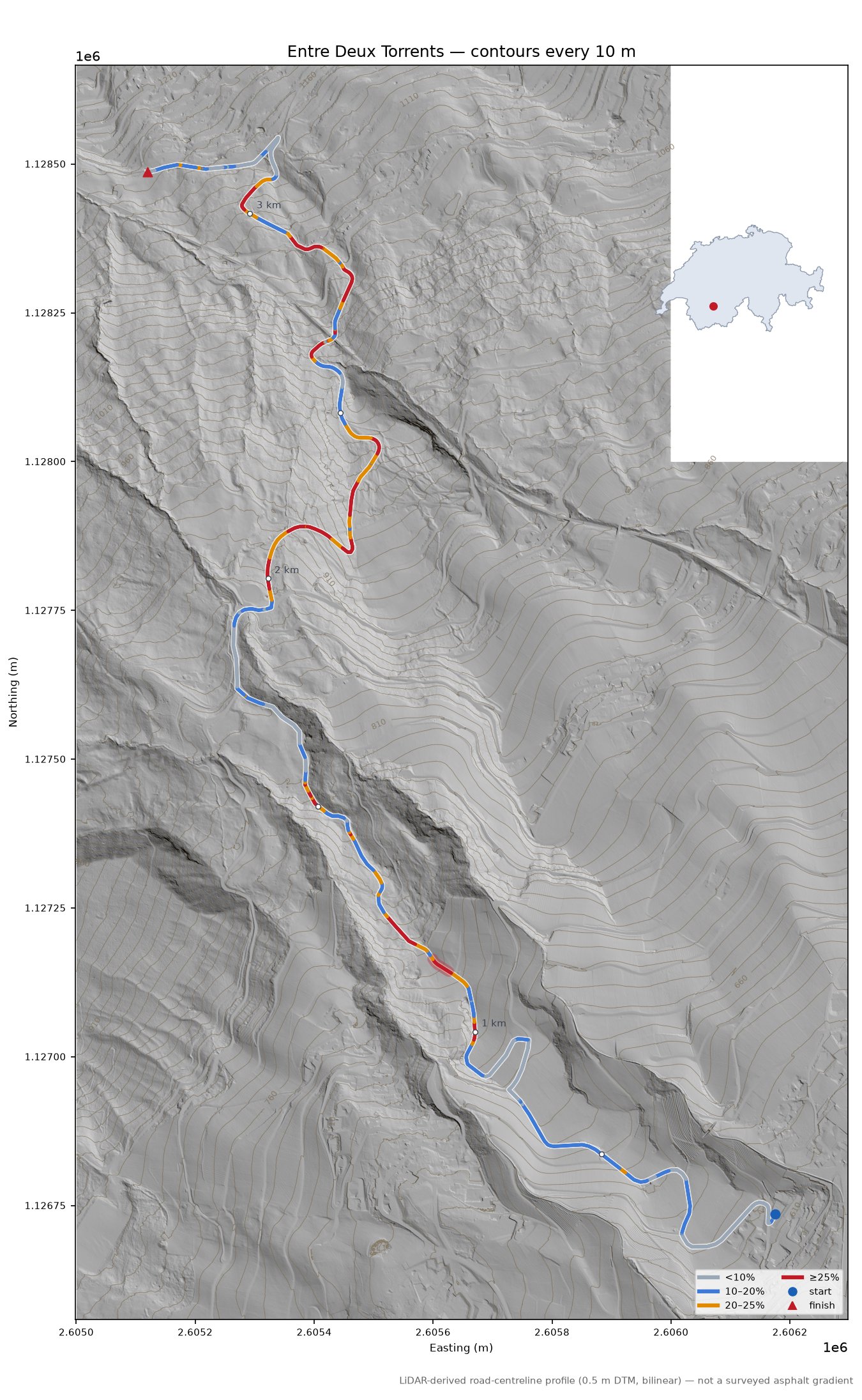 Entre Deux Torrents LiDAR hillshade map with contours