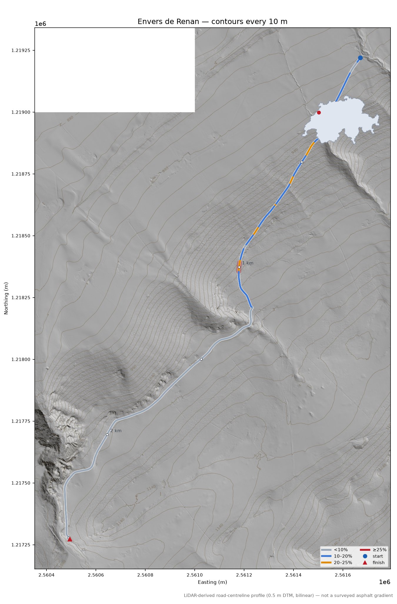 Envers de Renan LiDAR hillshade map with contours
