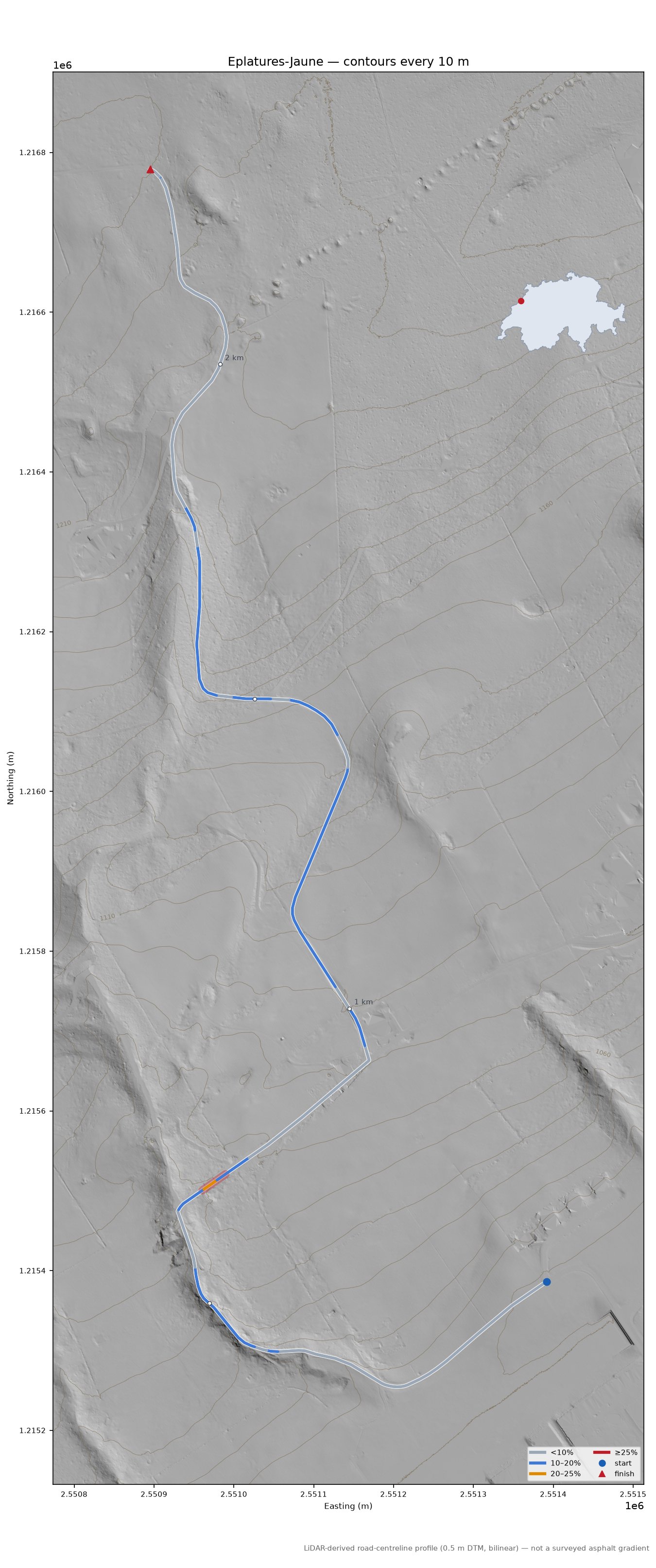 Eplatures-Jaune LiDAR hillshade map with contours