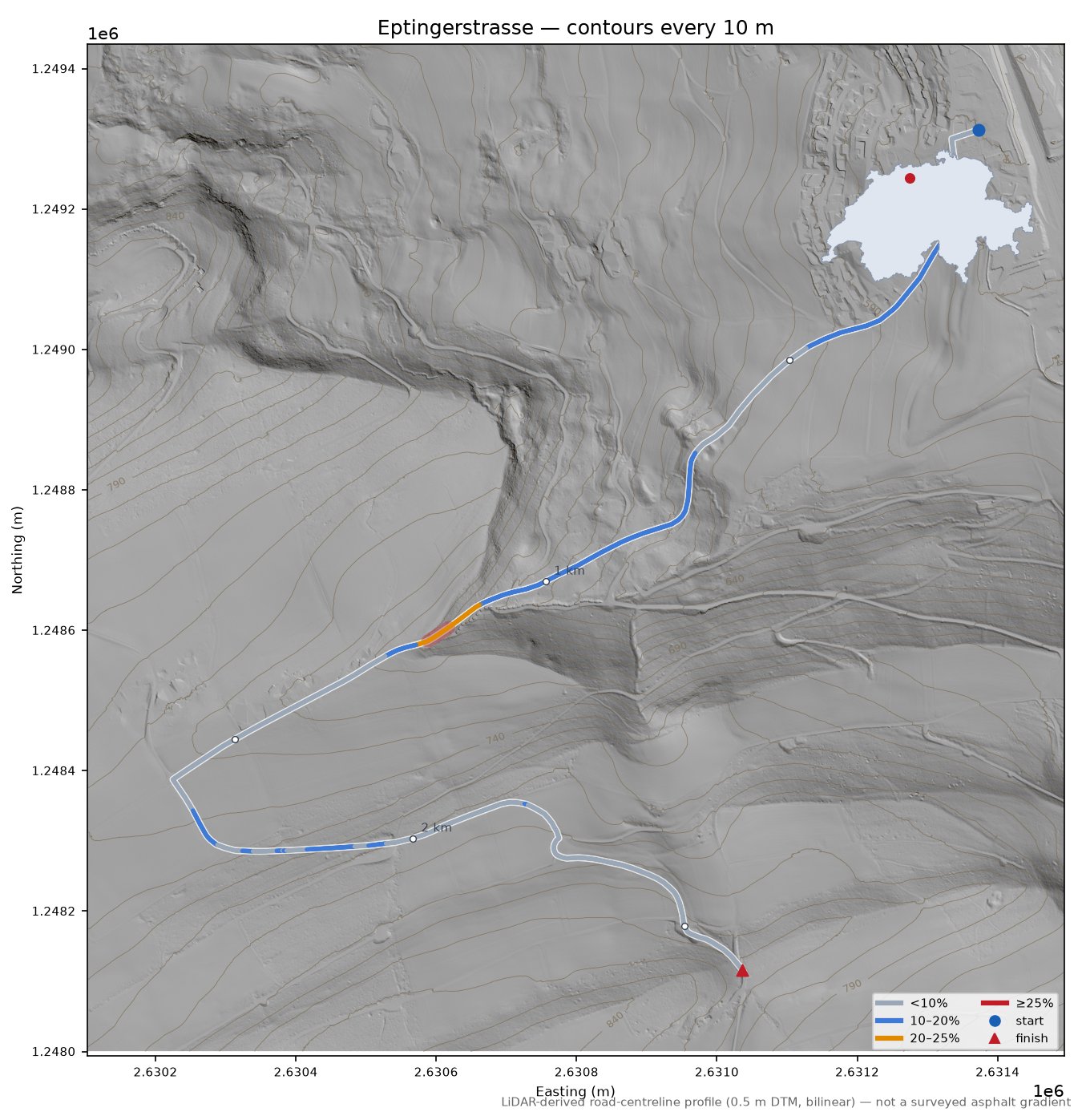 Eptingerstrasse LiDAR hillshade map with contours