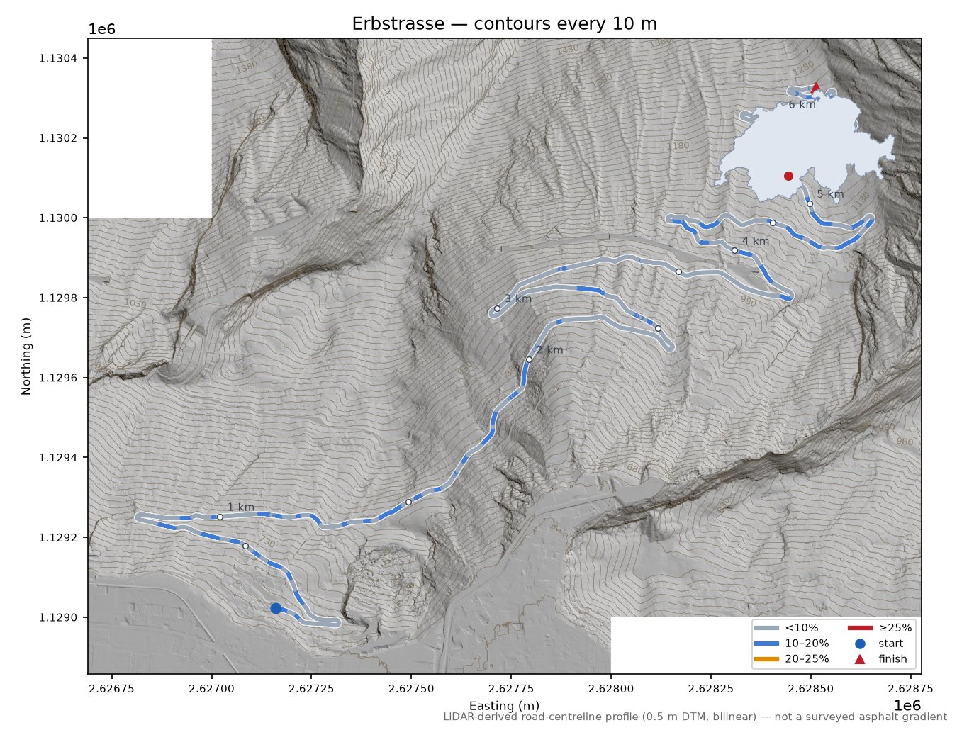Erbstrasse LiDAR hillshade map with contours