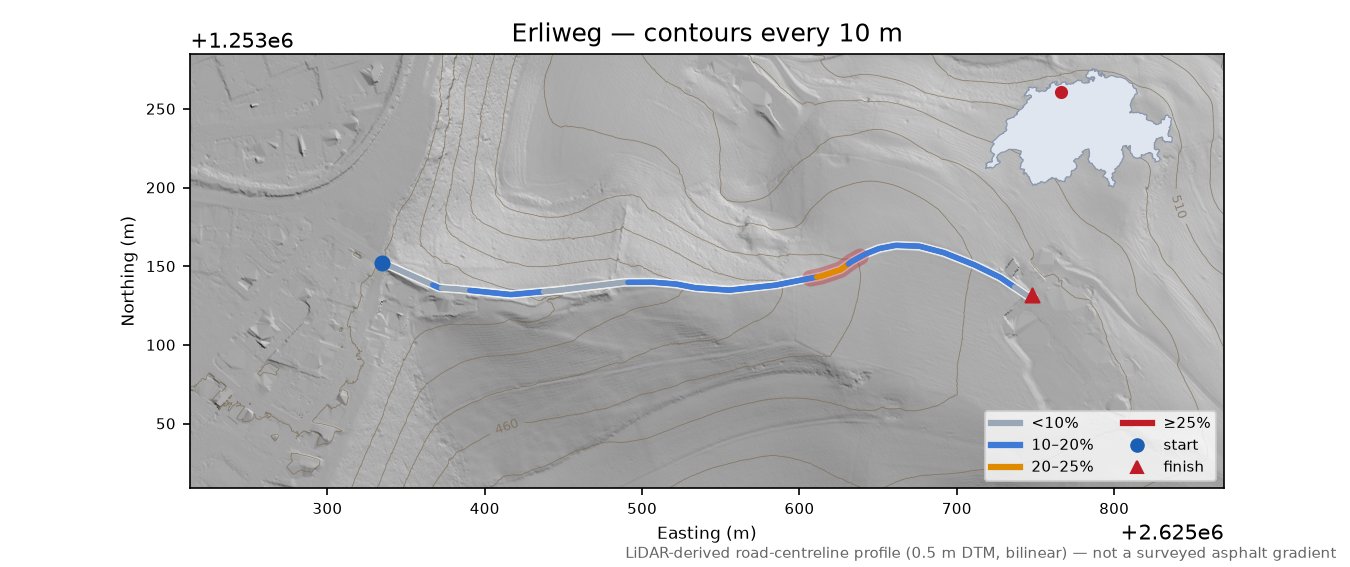 Erliweg LiDAR hillshade map with contours