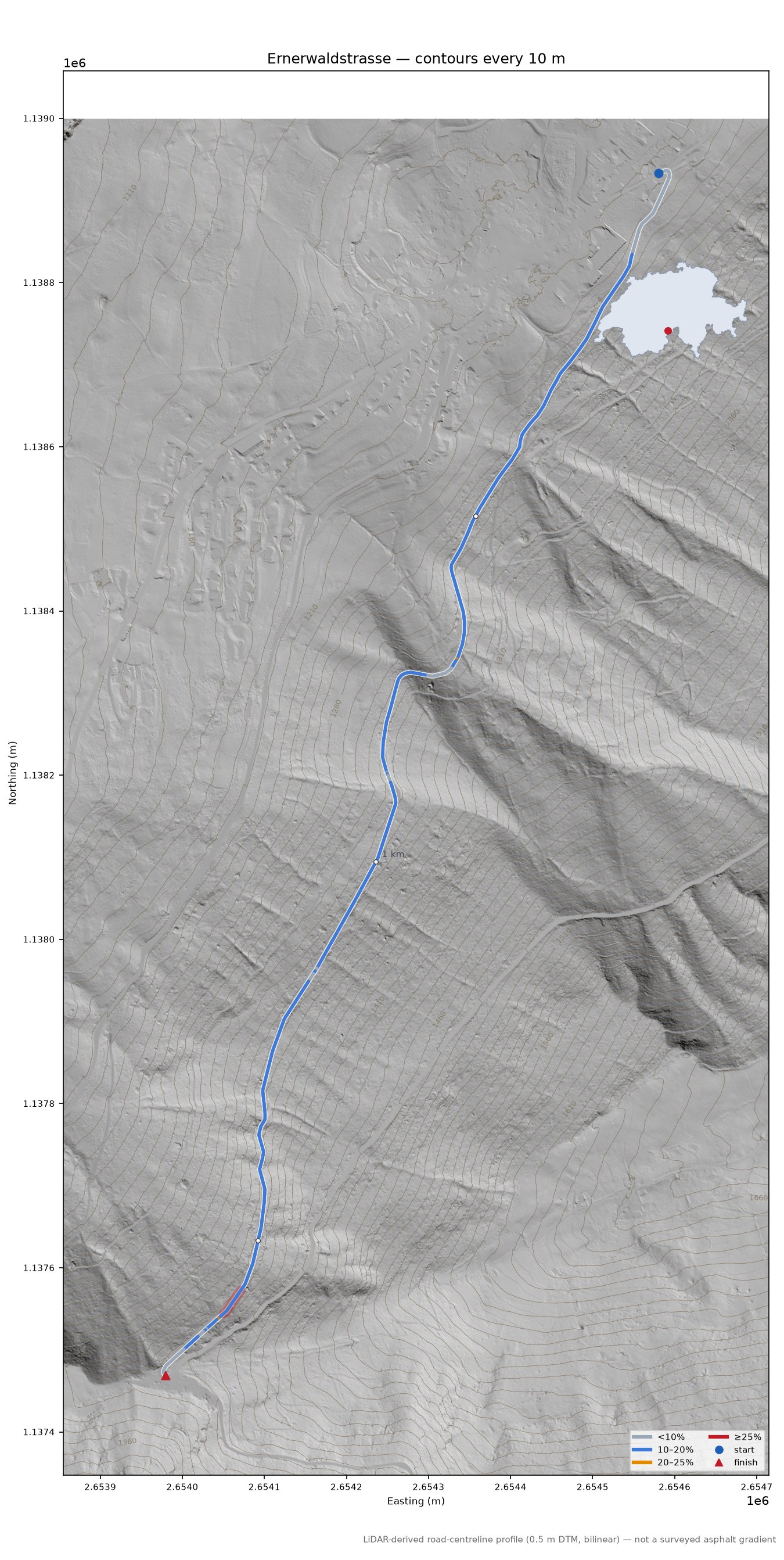Ernerwaldstrasse LiDAR hillshade map with contours