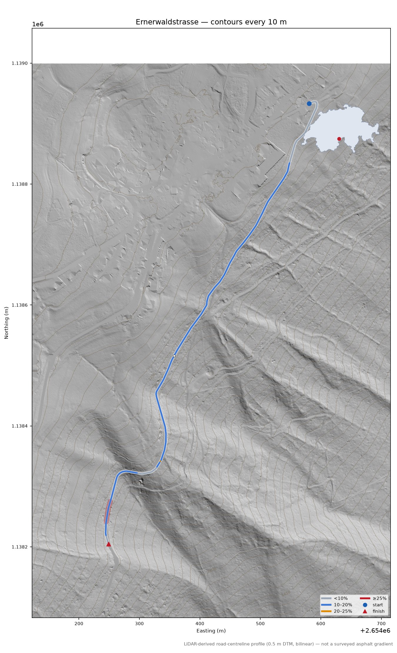 Ernerwaldstrasse LiDAR hillshade map with contours