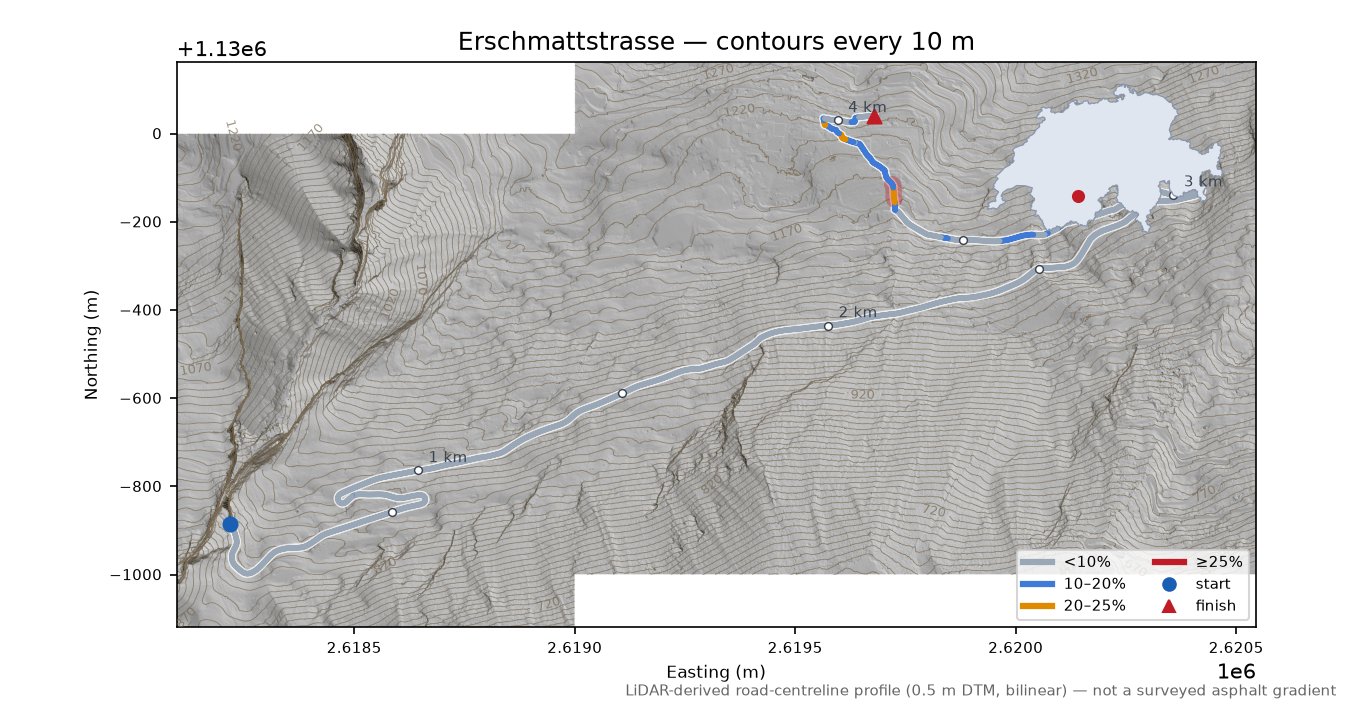 Erschmattstrasse LiDAR hillshade map with contours