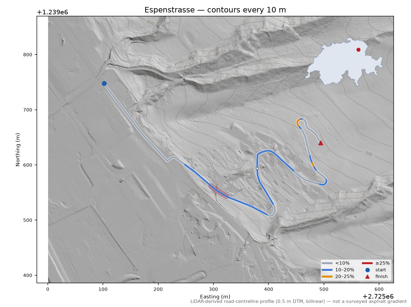Espenstrasse LiDAR hillshade map with contours