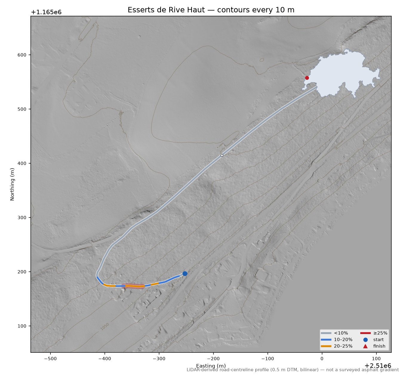 Esserts de Rive Haut LiDAR hillshade map with contours