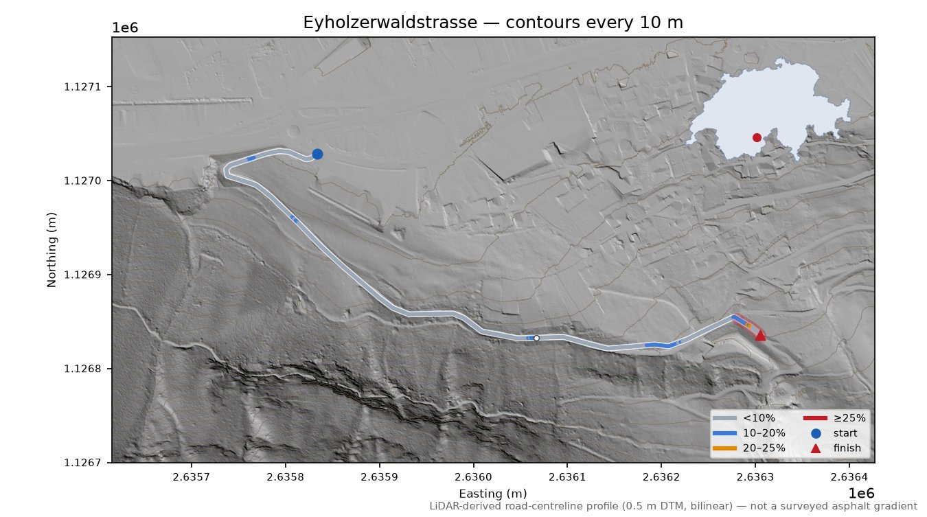Eyholzerwaldstrasse LiDAR hillshade map with contours