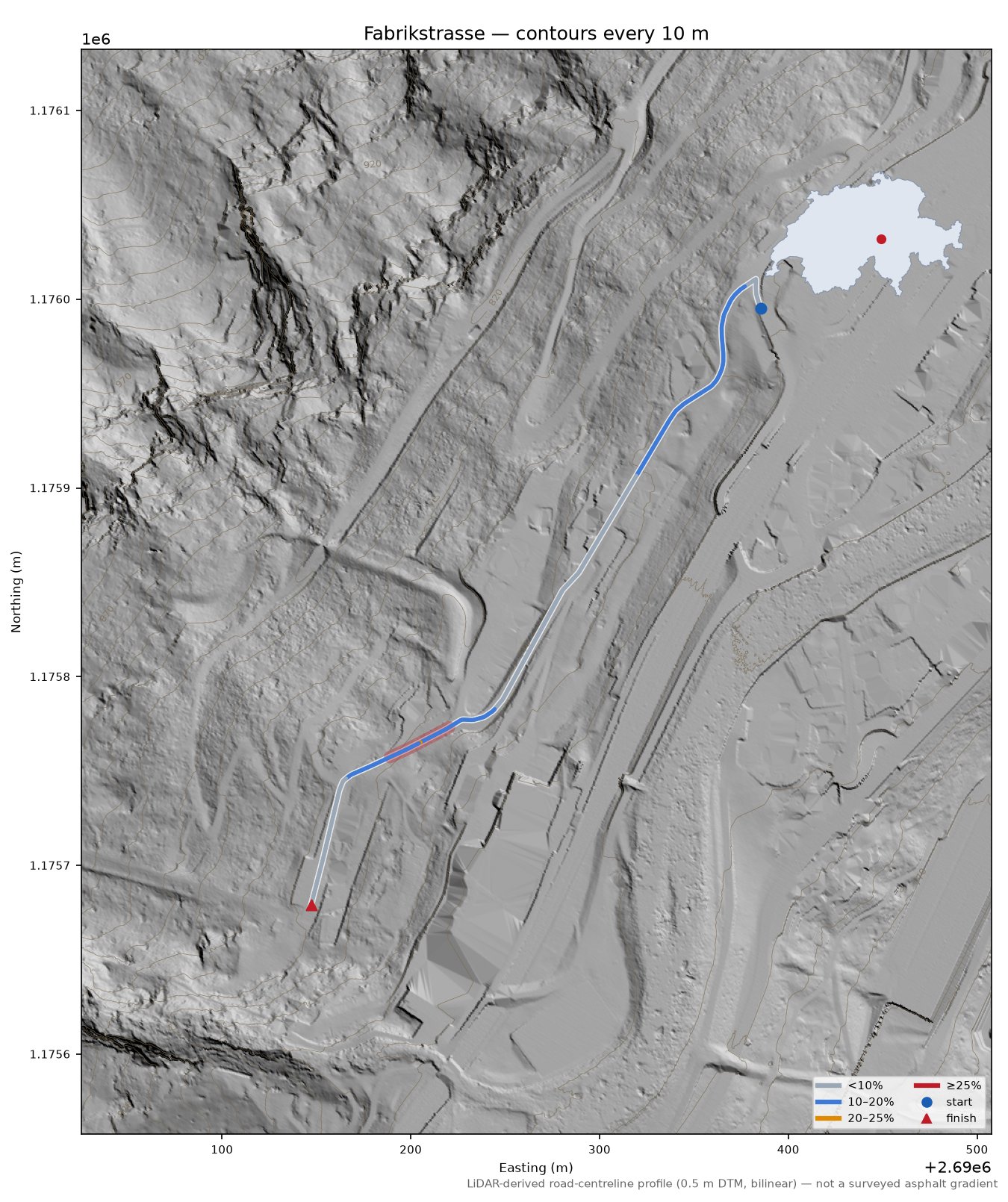 Fabrikstrasse LiDAR hillshade map with contours