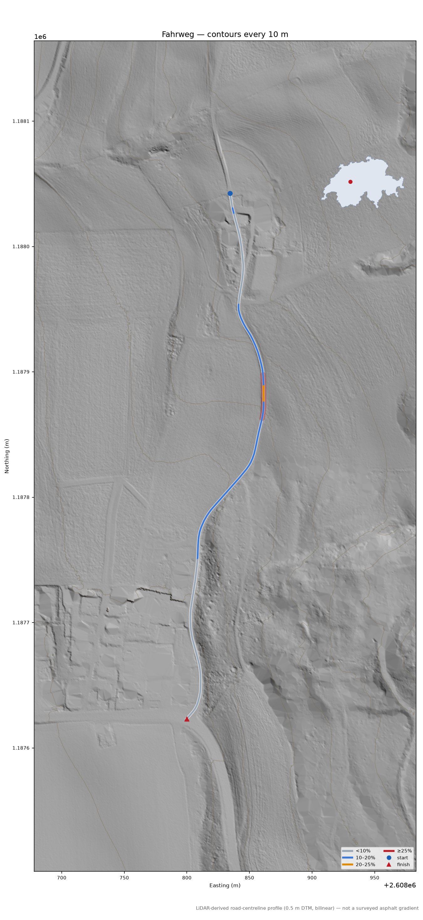Fahrweg LiDAR hillshade map with contours