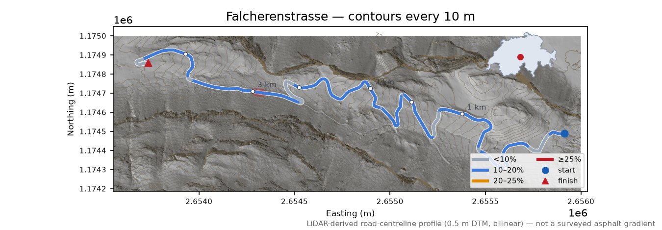 Falcherenstrasse LiDAR hillshade map with contours