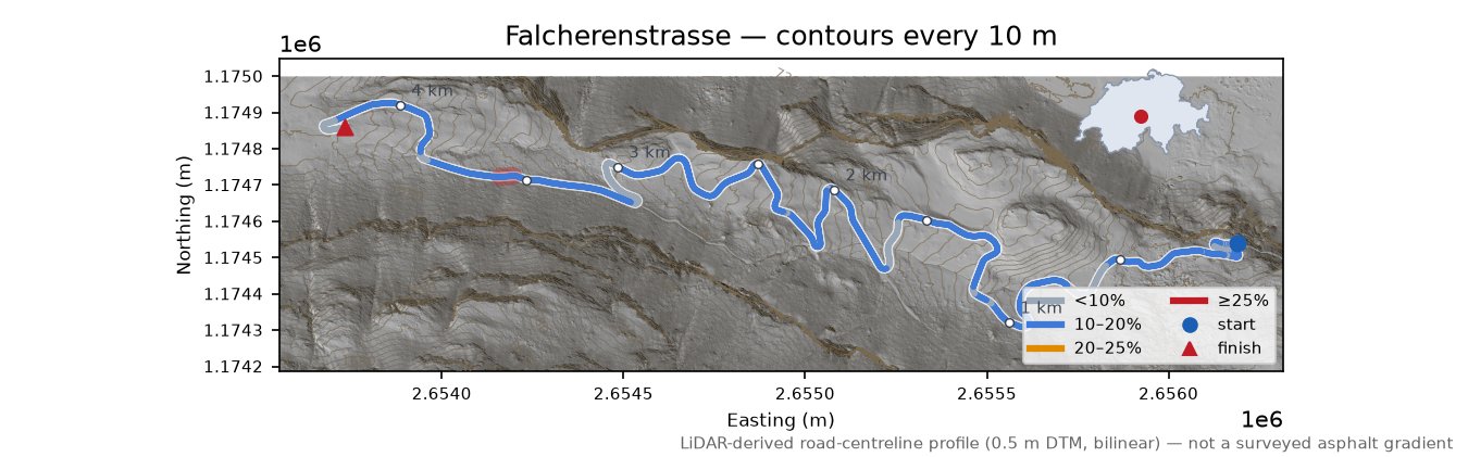 Falcherenstrasse LiDAR hillshade map with contours