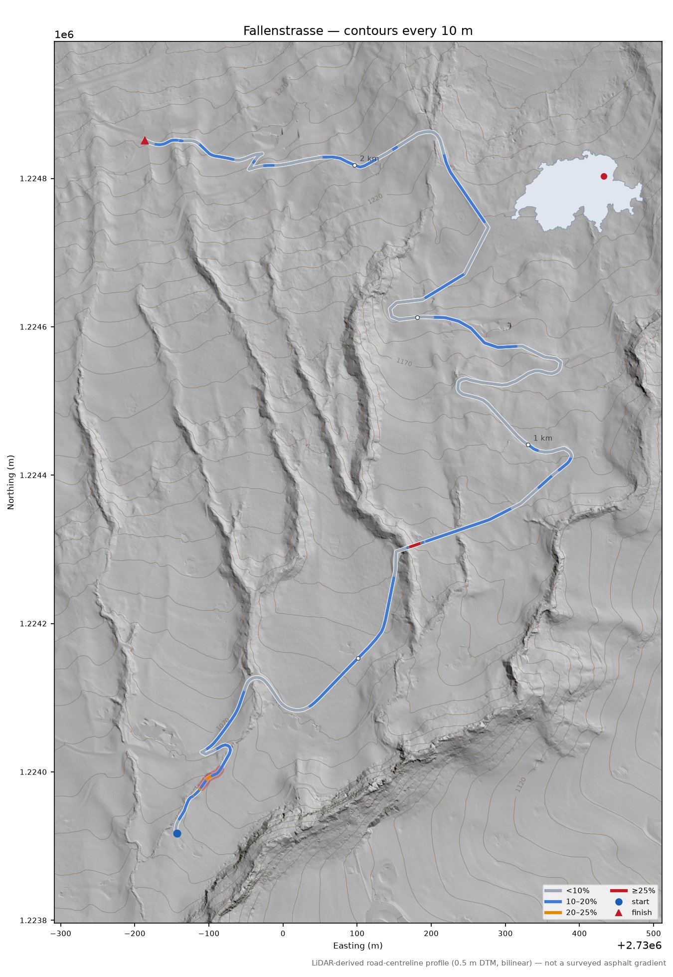 Fallenstrasse LiDAR hillshade map with contours