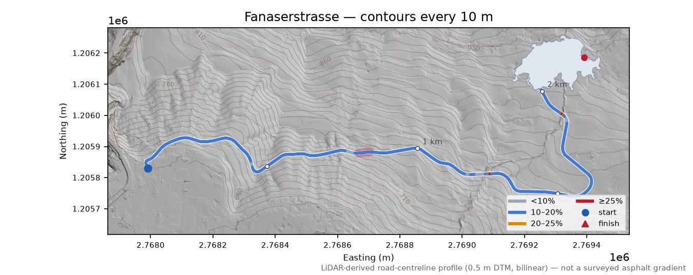 Fanaserstrasse LiDAR hillshade map with contours