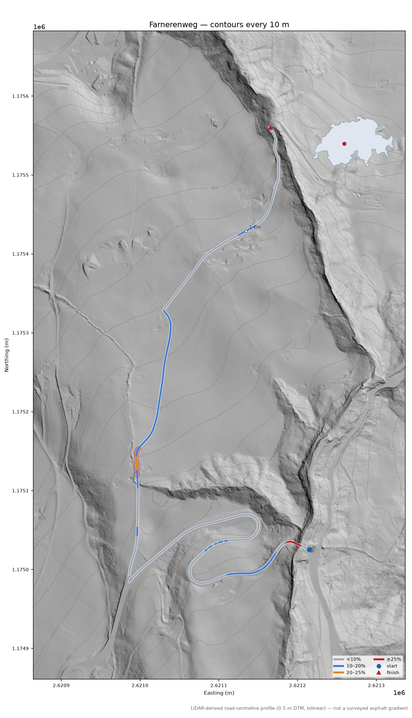 Farnerenweg LiDAR hillshade map with contours