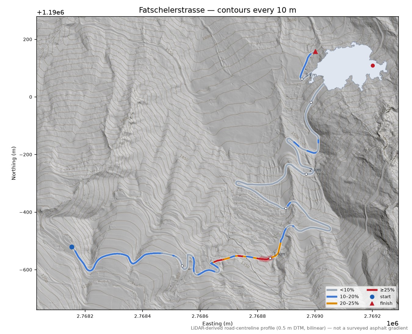 Fatschelerstrasse LiDAR hillshade map with contours