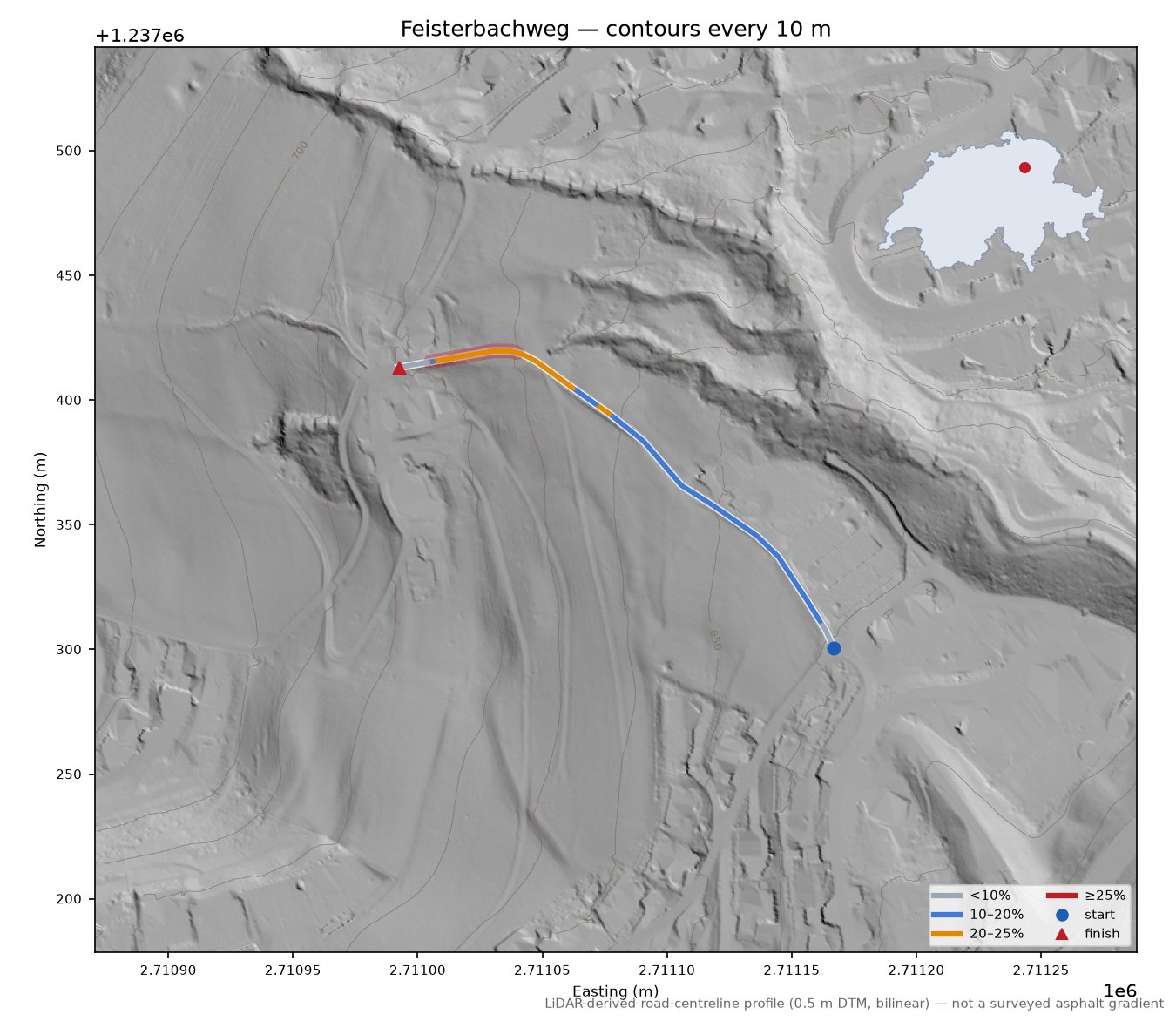 Feisterbachweg LiDAR hillshade map with contours