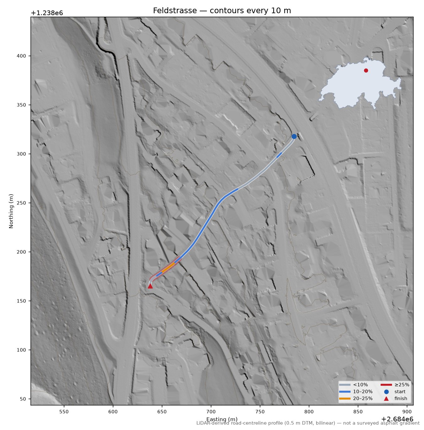Feldstrasse LiDAR hillshade map with contours
