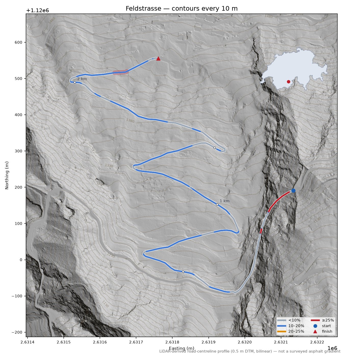 Feldstrasse LiDAR hillshade map with contours