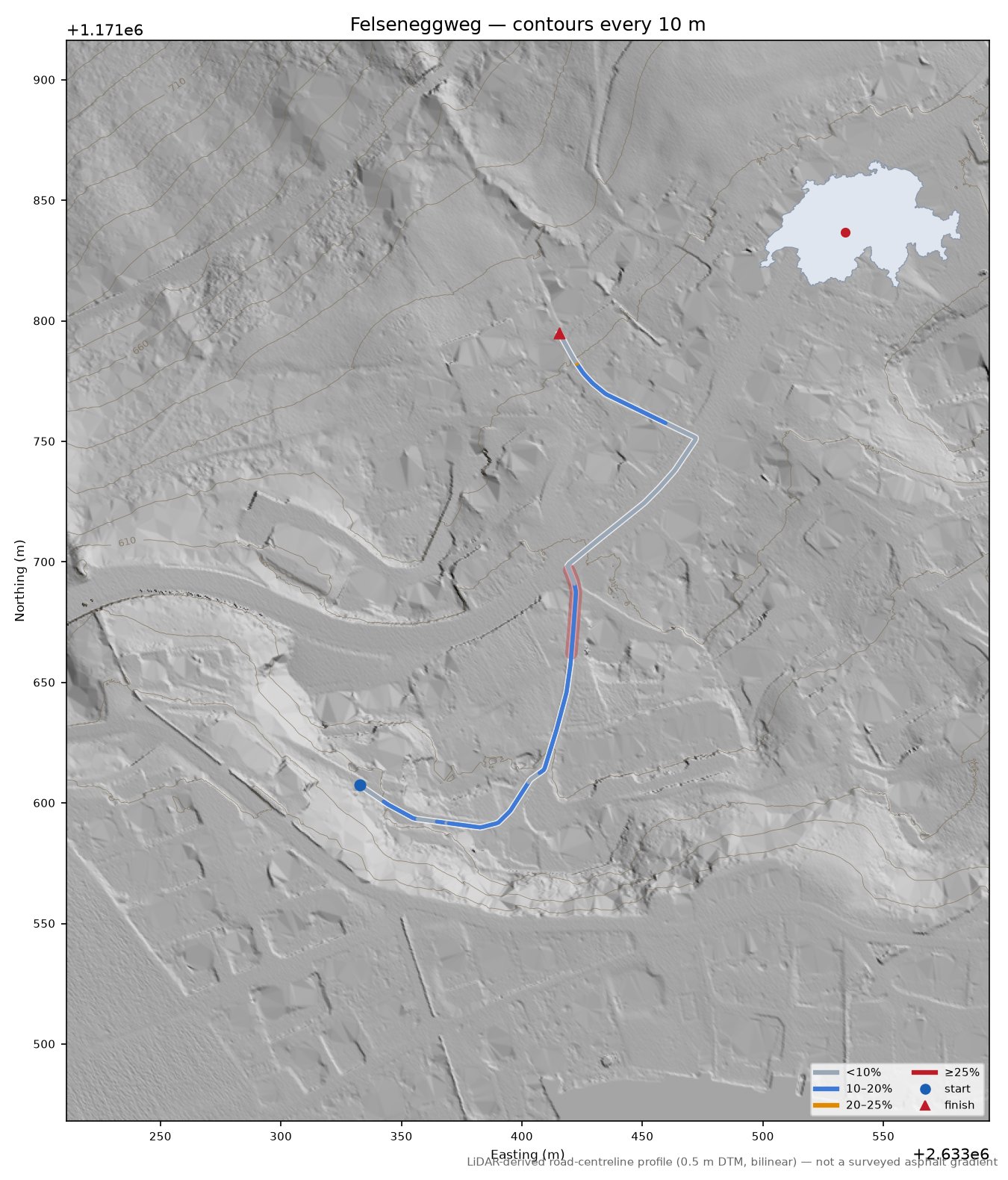 Felseneggweg LiDAR hillshade map with contours