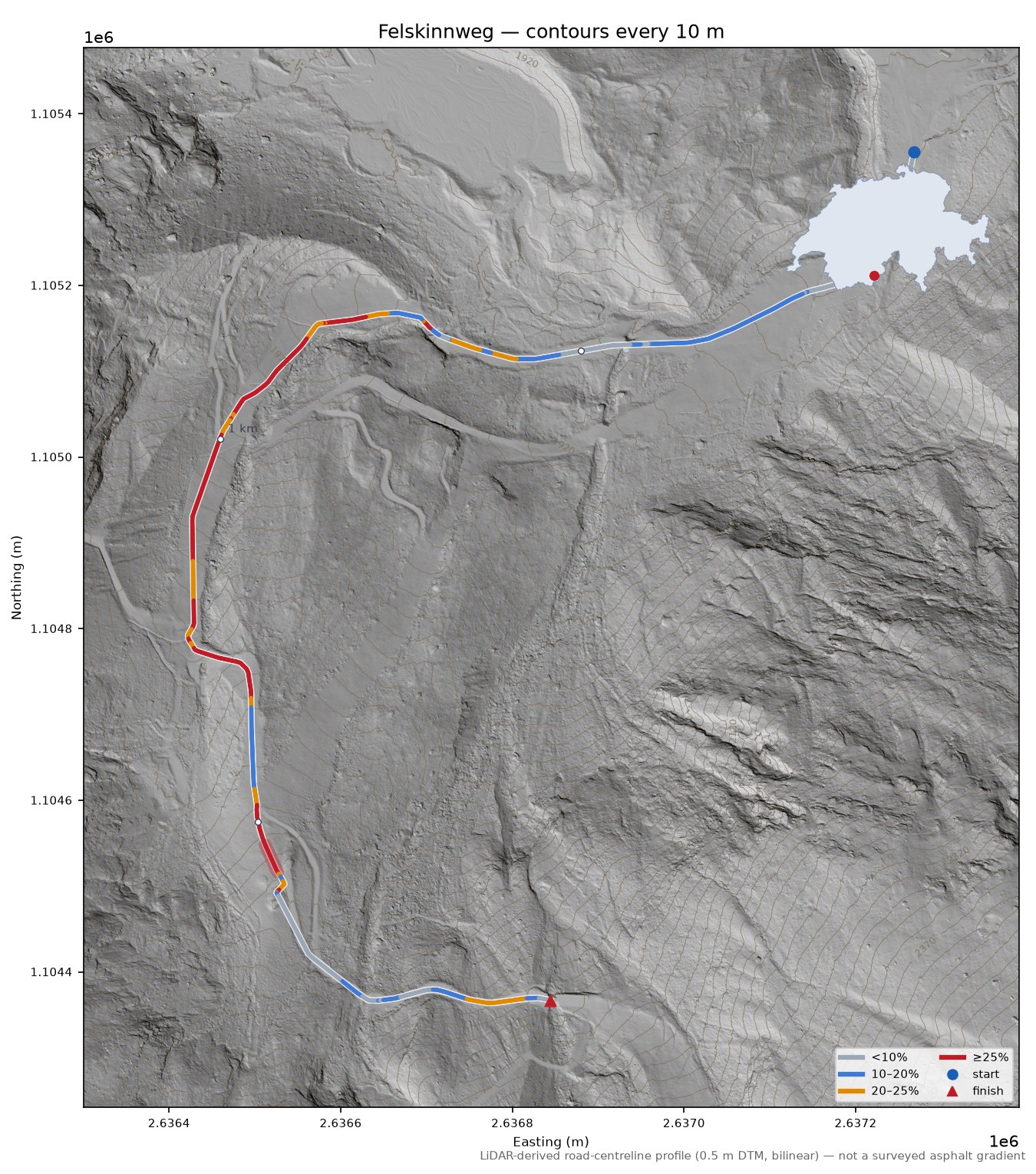 Felskinnweg LiDAR hillshade map with contours
