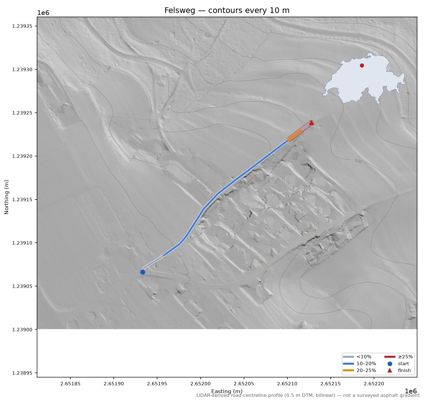 Felsweg LiDAR hillshade map with contours