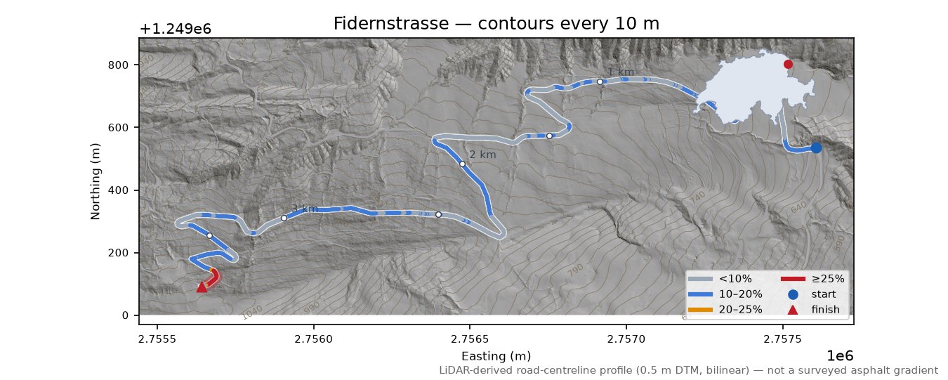 Fidernstrasse LiDAR hillshade map with contours