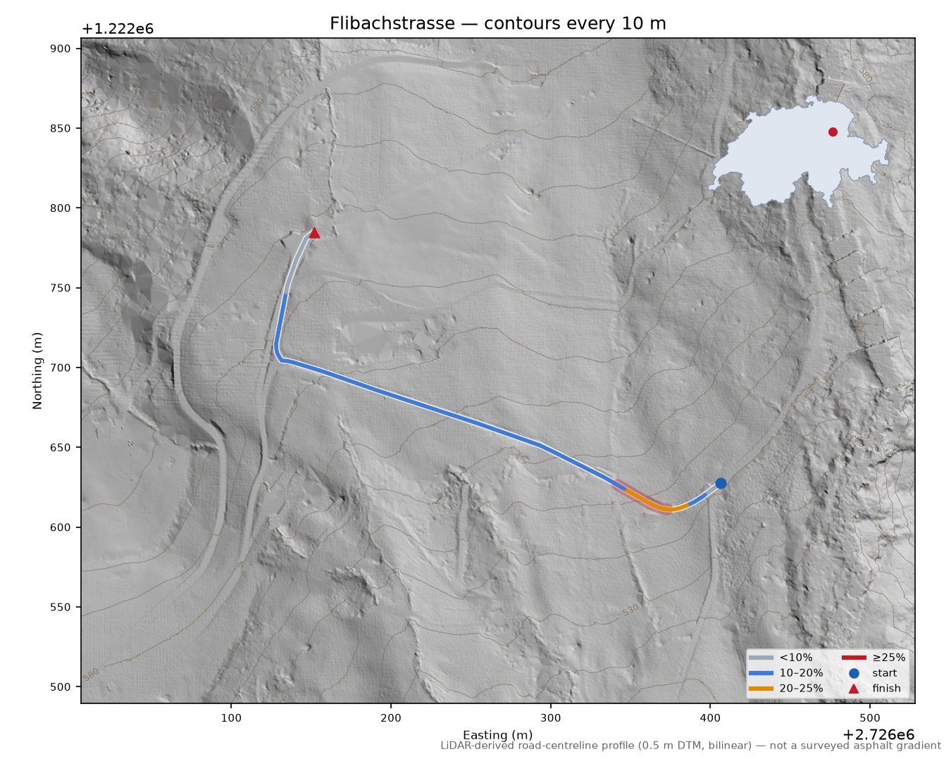 Flibachstrasse LiDAR hillshade map with contours