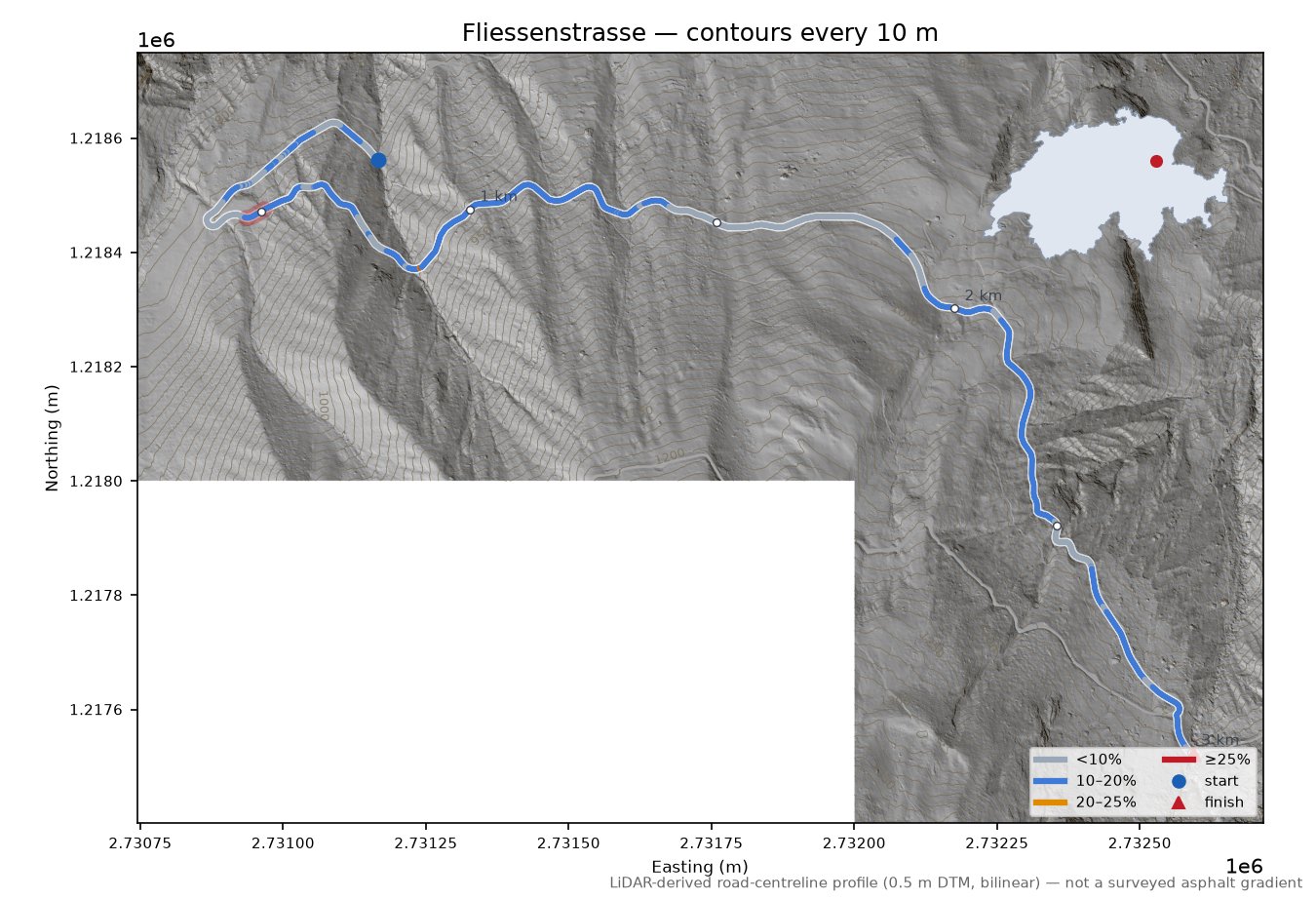 Fliessenstrasse LiDAR hillshade map with contours