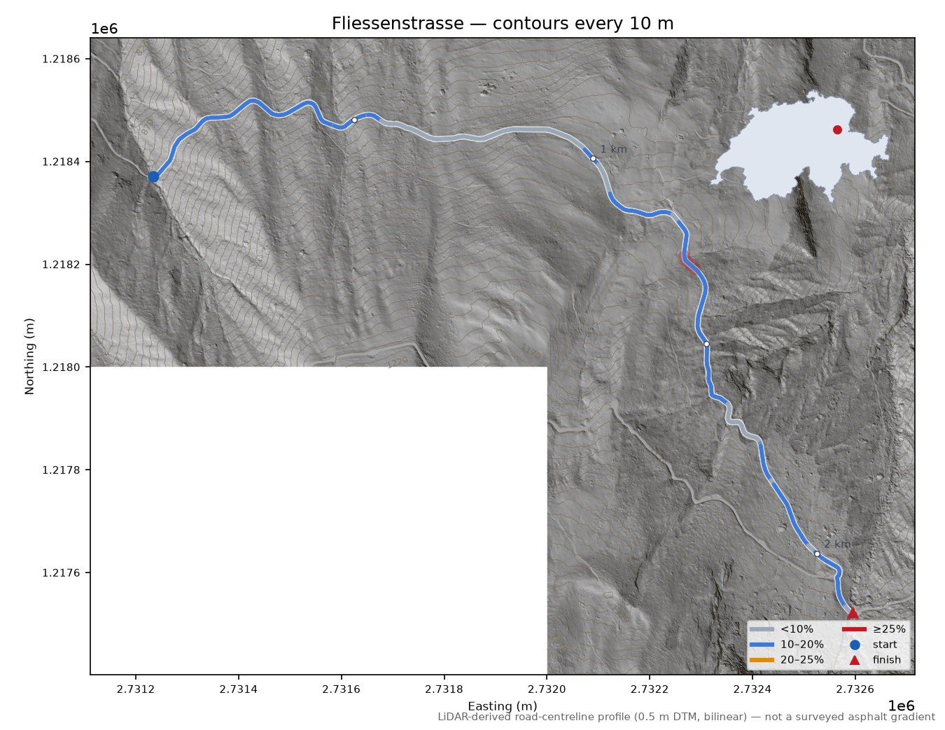 Fliessenstrasse LiDAR hillshade map with contours