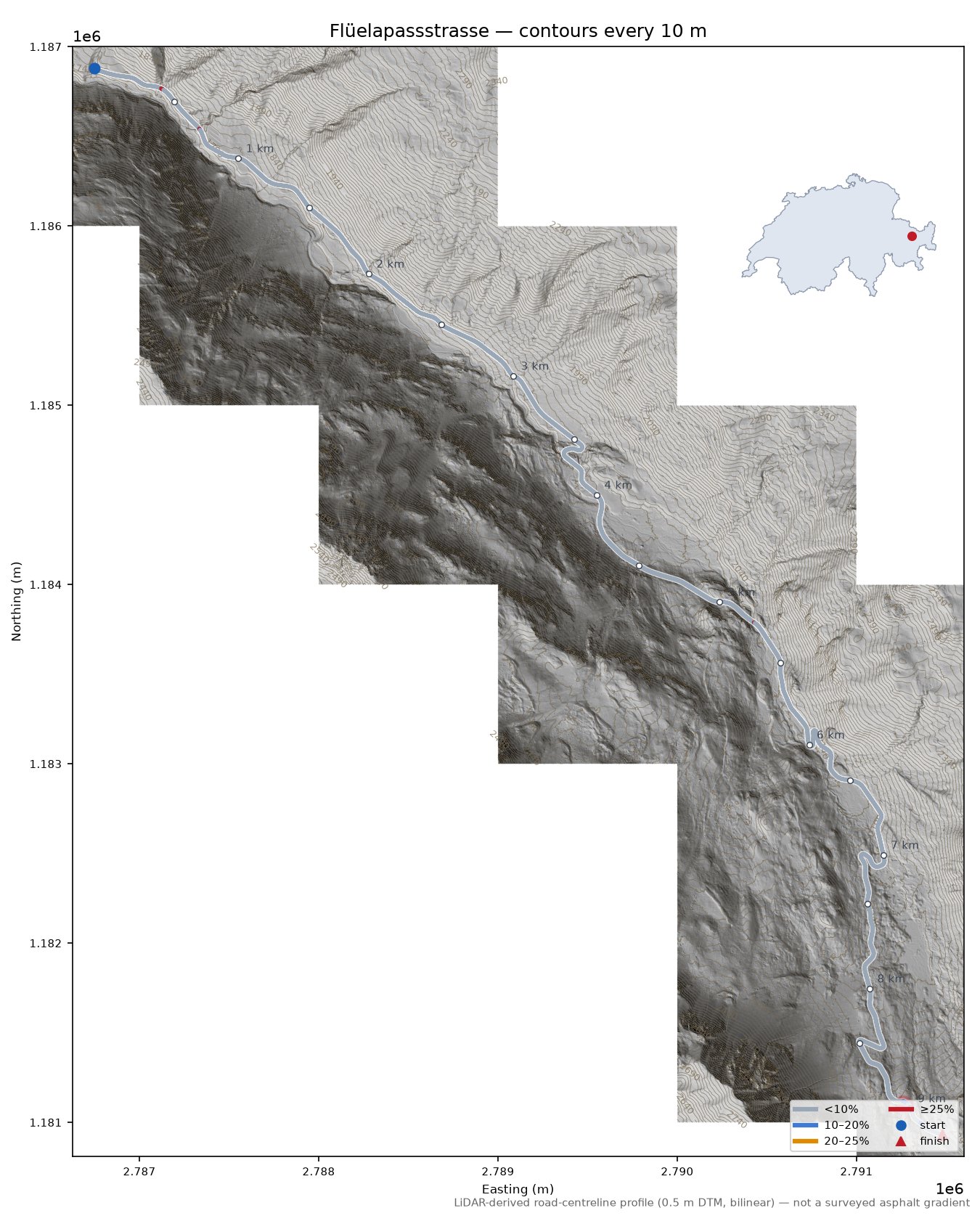 Flüelapassstrasse LiDAR hillshade map with contours